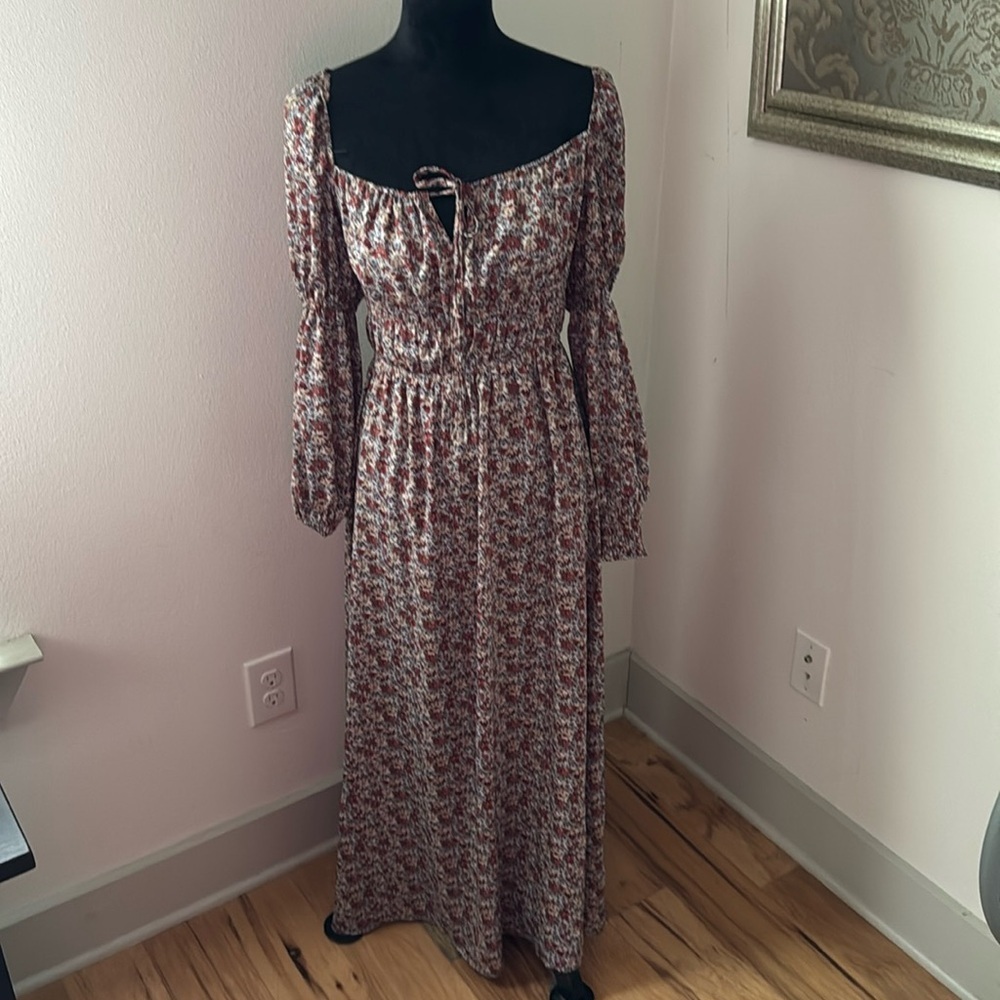 Promesa smocked floral Juliet‎ sleeves split collar Maxi Dress Sz  S
